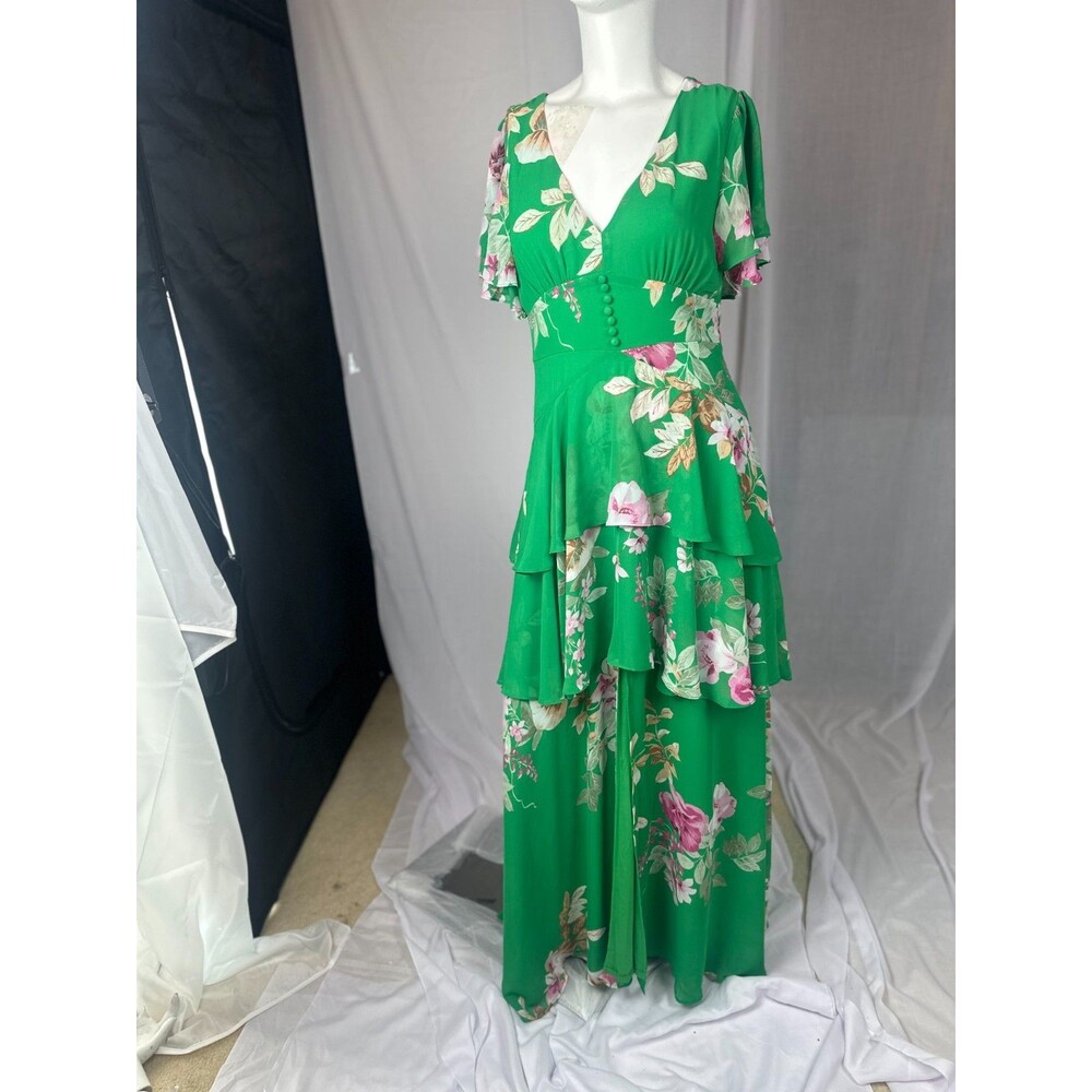 Lulus Midnight Mood Green Floral Tiered Vibrant Pink And Green Maxi Dress Sz S